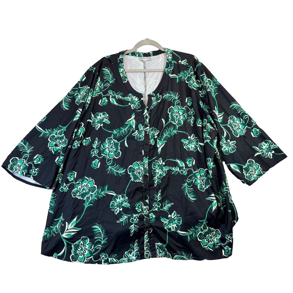 Catherines Blouse Womens 4X Black Green Floral Button Up 3/4 Sleeve Plus Size